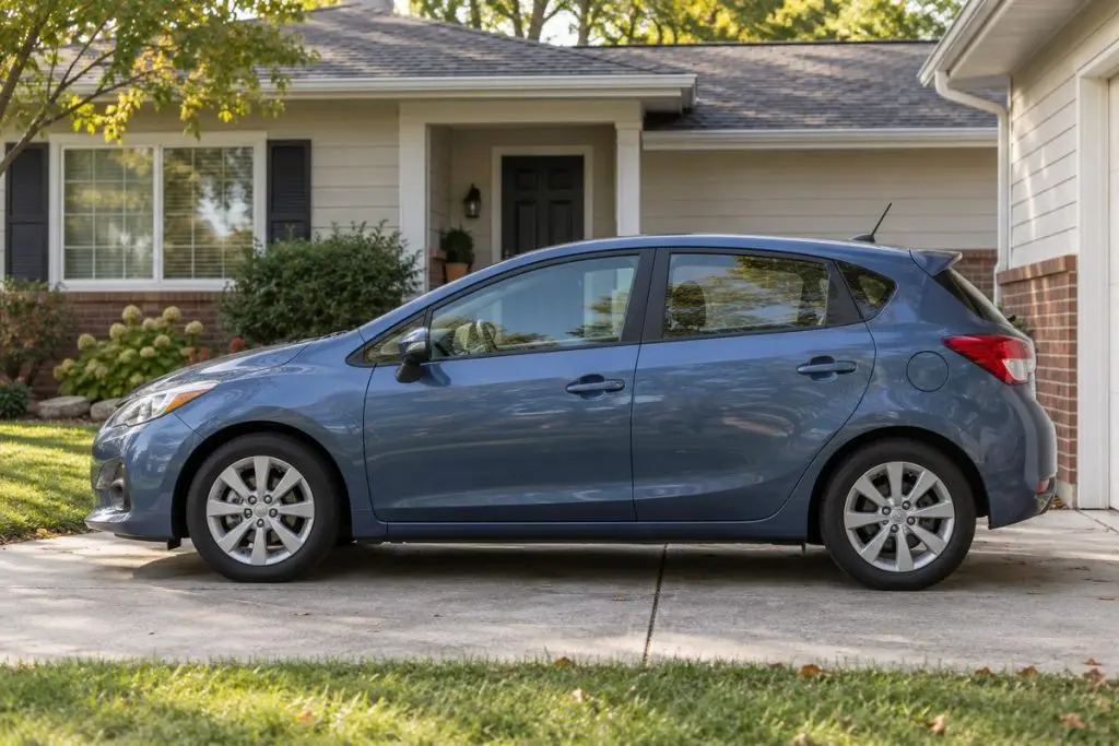 Blue car parked in a driveway beside a home.