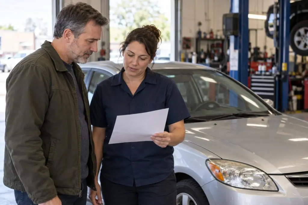 Customer reviewing a repair estimate with a service adviser beside a car.