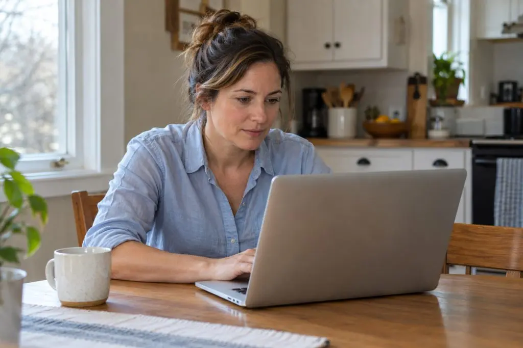 Woman reviewing information on a laptop at her kitchen table.