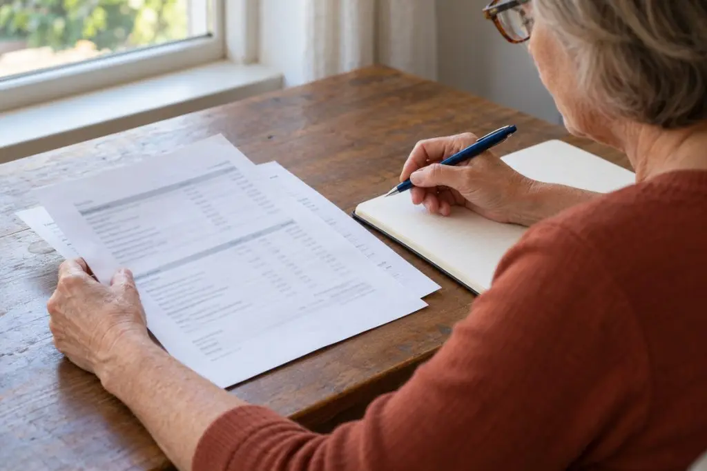 Woman reviewing printed financial records with a pen and notebook.