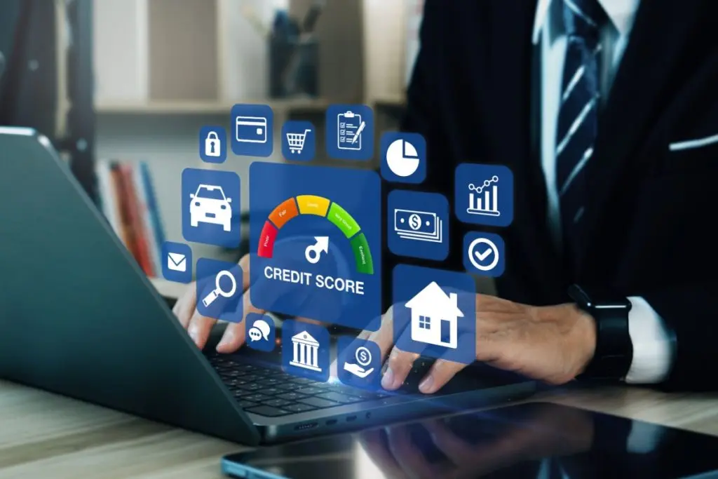 credit score visual dashboard near man in a business suit