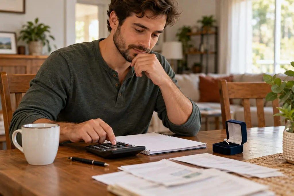 Man using a calculator to review his budget beside an engagement ring