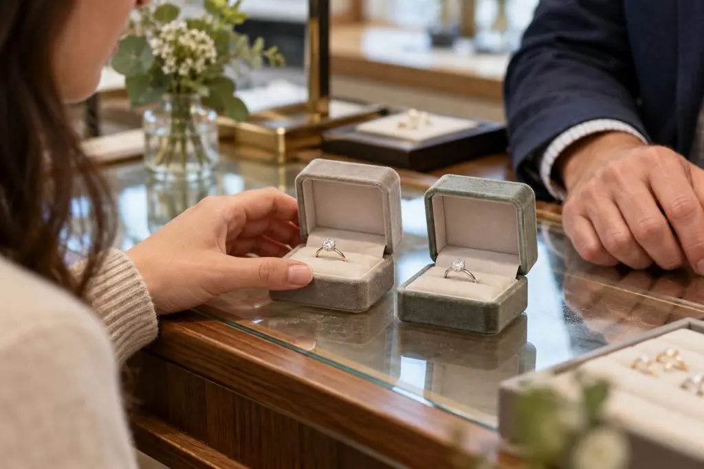 Customer comparing two engagement rings at a jewelry store