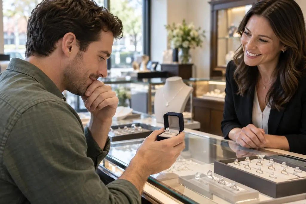 Shopper looking at an engagement ring in a jewelry store