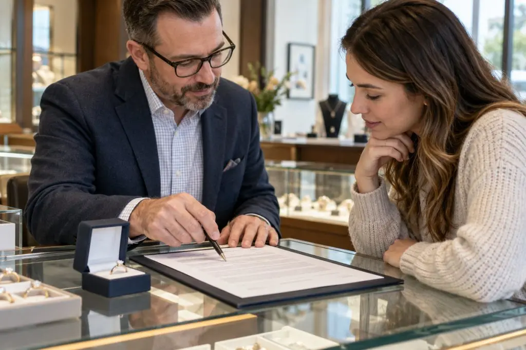 Jeweler and customer reviewing paperwork beside an engagement ring