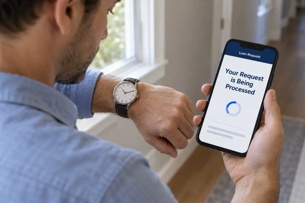 Man checking his watch while holding a phone that reads “Your Request is Being Processed.”