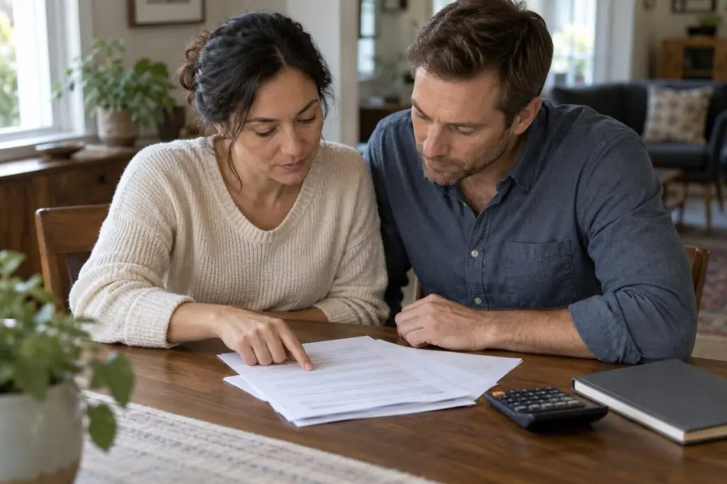 Two adults reviewing paperwork together at a dining table.
