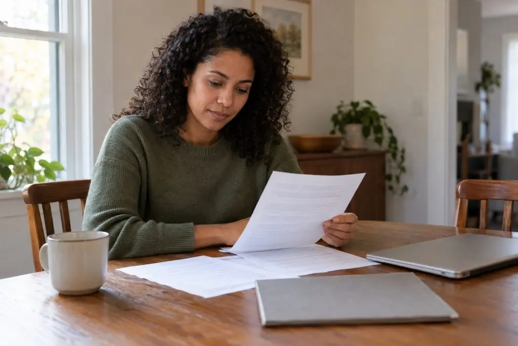 Woman reviewing financial paperwork at a dining table.